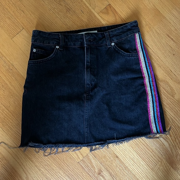 Topshop Moto Rainbow Metallic Glitter Stripe Trim Black Denim Mini Skirt - Picture 2 of 5